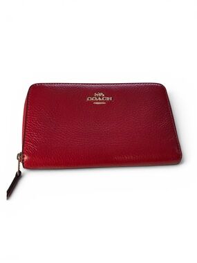 Coach Red Pebble Leather Zip Around Wallet Full Size Organizer
